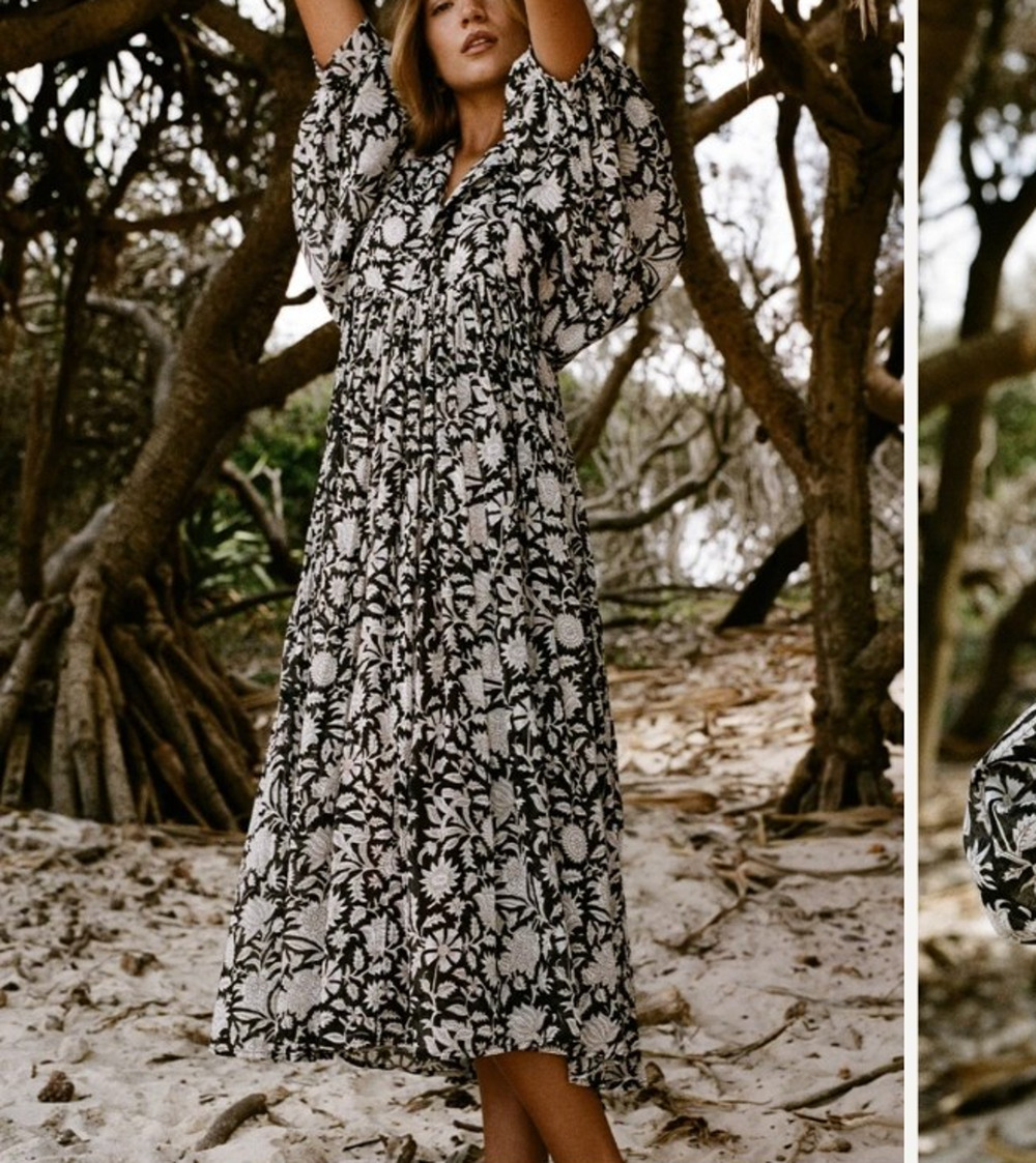 Daughters of India Cotton Kyra Floral Midi Dress in Pepper Size Small Boho Chic